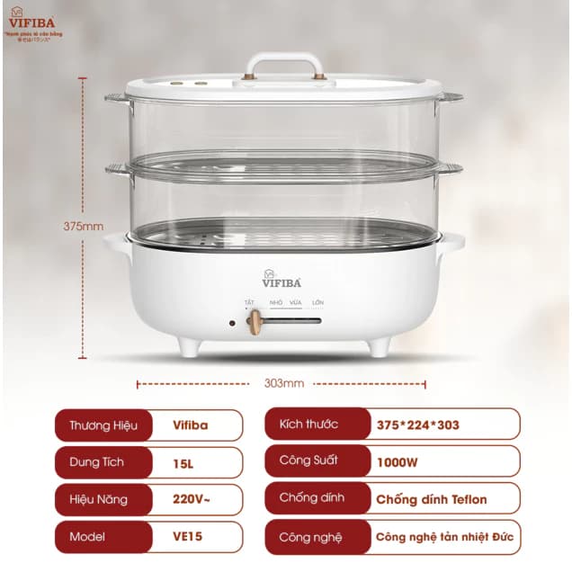 Ảnh Nồi Lẩu Điện Hấp 2 Tầng KACHI VIFIBA - NồI Vừa Nấu Lẩu Vừa Hấp - Công Suất 1000W, Dung Tích Nấu 15L 3