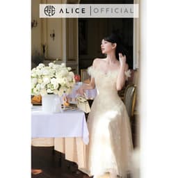 Thumbnail Váy Ren Tiểu Thư Trễ Vai Đính Hoa Nổi Phối Lưới Xòe Bồng ALICE Phong Cách Điệu Đà, Nhẹ Nhàng V1244 3