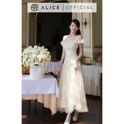 Thumbnail Váy Ren Tiểu Thư Trễ Vai Đính Hoa Nổi Phối Lưới Xòe Bồng ALICE Phong Cách Điệu Đà, Nhẹ Nhàng V1244 2