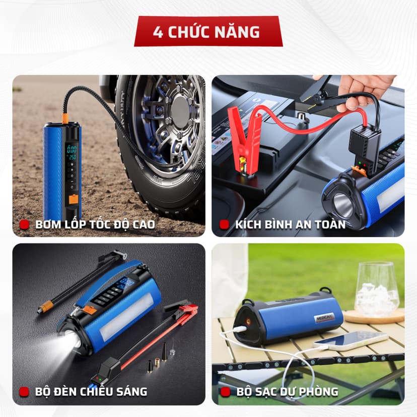 Ảnh Bơm lốp kích bình ô tô 4 trong 1 Medicar 12000mAh. Tích hợp sạc dự phòng và đèn pin chiếu sáng 2