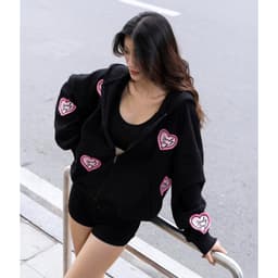 Thumbnail Áo Khoác Nỉ Hoodie Zip Đen Thêu Trái Tim Brand TSUN Chính Hãng Lovely UNISEX, Oversize, Streetwear 2