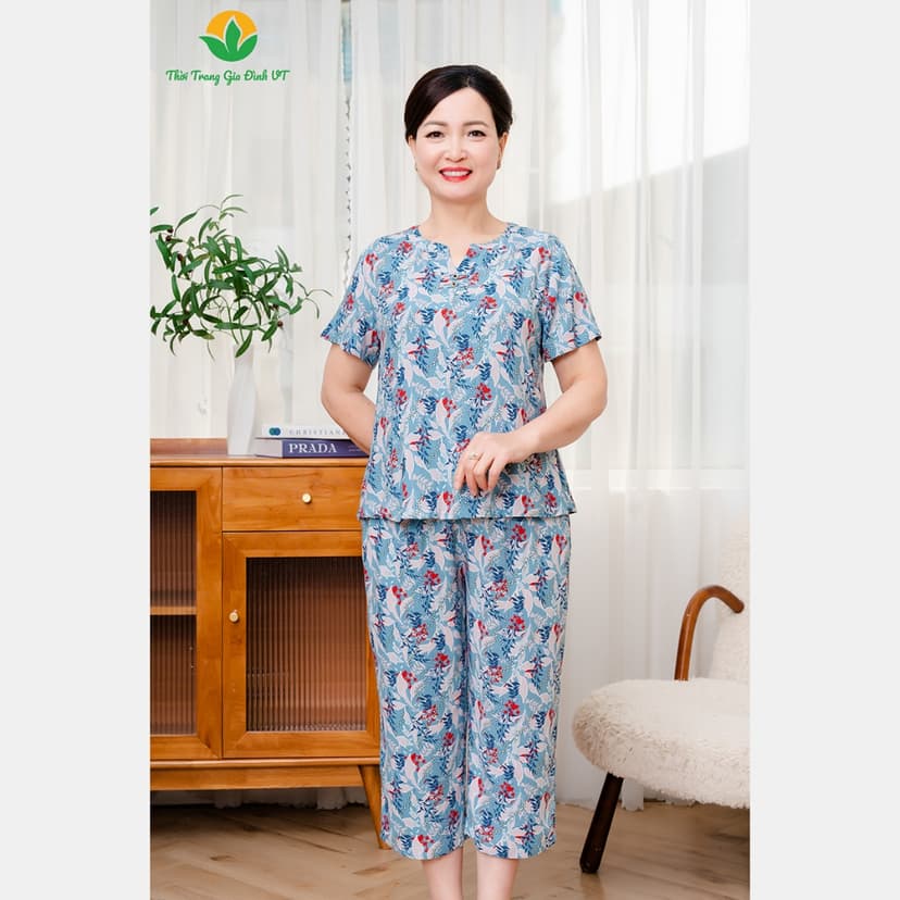 Ảnh Bộ lanh họa tiết trung niên mặc nhà quần lửng, áo cộc tay thời trang Việt Thắng - B06.5060 1