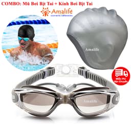 Thumbnail Combo Mũ Bơi Silicone Bịt Tai + Kính Bơi Bịt Tai Chống UV Cùng Màu, Mũ Bơi Bịt Tai silicon Kính Bơi Bịt Tai Hãng Amalife 1