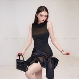 Thumbnail Đầm đen dự tiệc MINA hở lưng dáng xoè ngắn chất Cotton Nhật phối Lụa MN302 3