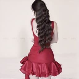 Thumbnail Đầm đỏ đô dự tiệc MINA hở lưng dáng xoè ngắn chất Cotton Nhật phối Lụa MN302 4