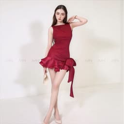 Thumbnail Đầm đỏ đô dự tiệc MINA hở lưng dáng xoè ngắn chất Cotton Nhật phối Lụa MN302 2