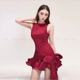 Thumbnail Đầm đỏ đô dự tiệc MINA hở lưng dáng xoè ngắn chất Cotton Nhật phối Lụa MN302 1