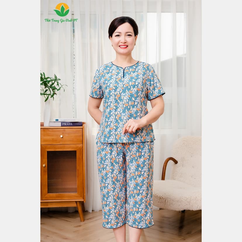 Ảnh Bộ đồ lanh tole trung niên mặc nhà thời trang Việt Thắng, quần lửng, áo cộc tay họa tiết - B06.5022 3