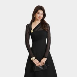 Thumbnail Đầm Kiểu Nữ MARC FASHION Form A Tay Dài Phối Lưới Thun Cài Hoa - FASH111924 1
