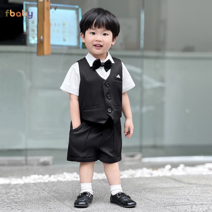 Ảnh Bộ Gile Cộc Tay Bé Trai Fbaby 3 Khuy Kèm Áo Sơ Mi Và Nơ Set Bộ Công Tử Lịch Lãm, Sang Trọng Đi Tiệc, Đi Chơi, Thôi Nôi 4
