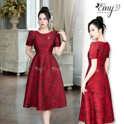 Thumbnail Đầm Công Sở EMY Cao Cấp Thanh Lịch EM7517 Dáng Xòe Cổ Tròn Sang Trọng, Dự Tiệc Vải Gấm Taffta Đỏ Đô 1