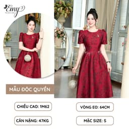 Thumbnail Đầm Công Sở EMY Cao Cấp Thanh Lịch EM7517 Dáng Xòe Cổ Tròn Sang Trọng, Dự Tiệc Vải Gấm Taffta Đỏ Đô 2