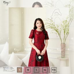 Thumbnail Đầm Công Sở EMY Cao Cấp Thanh Lịch EM7517 Dáng Xòe Cổ Tròn Sang Trọng, Dự Tiệc Vải Gấm Taffta Đỏ Đô 3