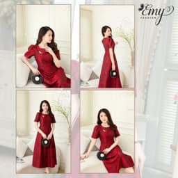 Thumbnail Đầm Công Sở EMY Cao Cấp Thanh Lịch EM7517 Dáng Xòe Cổ Tròn Sang Trọng, Dự Tiệc Vải Gấm Taffta Đỏ Đô 4