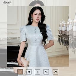 Thumbnail Đầm Công Sở EMY Cao Cấp Thời Trang Thanh Lịch EM7531 Dáng Xòe Cổ Tròn Tay Ngắn Vải Taffeta Nền Xanh 3