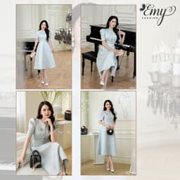 Thumbnail Đầm Công Sở EMY Cao Cấp Thời Trang Thanh Lịch EM7531 Dáng Xòe Cổ Tròn Tay Ngắn Vải Taffeta Nền Xanh 4