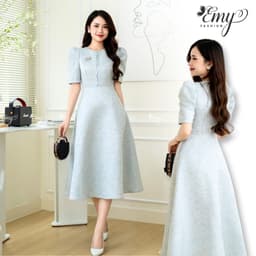 Thumbnail Đầm Công Sở EMY Cao Cấp Thời Trang Thanh Lịch EM7531 Dáng Xòe Cổ Tròn Tay Ngắn Vải Taffeta Nền Xanh 1