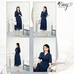 Thumbnail Đầm Thiết Kế EMY Thời Trang Cao Cấp Trung Niên EM9492 Dáng Xòe Cổ V, Nền Xanh Đen Chấm Bi Nhã Nhặn Tiểu Thư 3