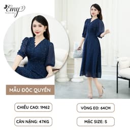 Thumbnail Đầm Thiết Kế EMY Thời Trang Cao Cấp Trung Niên EM9492 Dáng Xòe Cổ V, Nền Xanh Đen Chấm Bi Nhã Nhặn Tiểu Thư 1