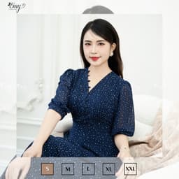 Thumbnail Đầm Thiết Kế EMY Thời Trang Cao Cấp Trung Niên EM9492 Dáng Xòe Cổ V, Nền Xanh Đen Chấm Bi Nhã Nhặn Tiểu Thư 2