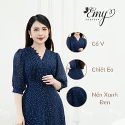Thumbnail Đầm Thiết Kế EMY Thời Trang Cao Cấp Trung Niên EM9492 Dáng Xòe Cổ V, Nền Xanh Đen Chấm Bi Nhã Nhặn Tiểu Thư 4