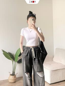 Thumbnail Quần Jean Ống Rộng Phối Rách Lưng Thun (trên 100cm) Freesize J159 2