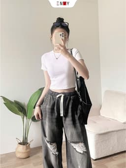 Thumbnail Quần Jean Ống Rộng Phối Rách Lưng Thun (trên 100cm) Freesize J159 4