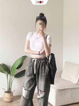 Thumbnail Quần Jean Ống Rộng Phối Rách Lưng Thun (trên 100cm) Freesize J159 3