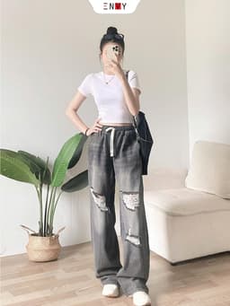 Thumbnail Quần Jean Ống Rộng Phối Rách Lưng Thun (trên 100cm) Freesize J159 1