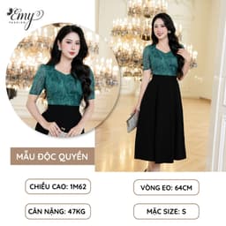 Thumbnail Đầm Công Sở EMY Cao Cấp EM9436 Dáng Xoè Sang Trọng, Thiết Kế Dự Tiệc Cổ Lục Giác Vải Tơ Kaki Xếp Ply Phối Đen Xanh 1