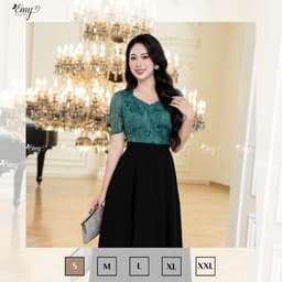 Thumbnail Đầm Công Sở EMY Cao Cấp EM9436 Dáng Xoè Sang Trọng, Thiết Kế Dự Tiệc Cổ Lục Giác Vải Tơ Kaki Xếp Ply Phối Đen Xanh 2