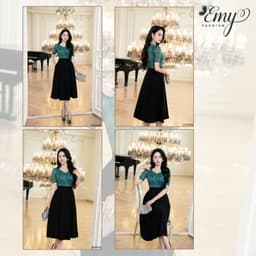 Thumbnail Đầm Công Sở EMY Cao Cấp EM9436 Dáng Xoè Sang Trọng, Thiết Kế Dự Tiệc Cổ Lục Giác Vải Tơ Kaki Xếp Ply Phối Đen Xanh 3