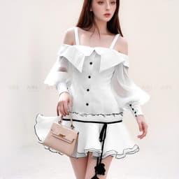 Thumbnail Đầm dự tiệc MINA tay dài dáng xoè cách điệu xinh đẹp chất Taffta phối Tơ lụa màu trắng MN306 2