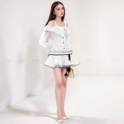 Thumbnail Đầm dự tiệc MINA tay dài dáng xoè cách điệu xinh đẹp chất Taffta phối Tơ lụa màu trắng MN306 4
