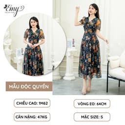 Thumbnail Đầm EMY EM7589 Xoè Voan Hoa Cổ Nơ Nhún Tùng 2