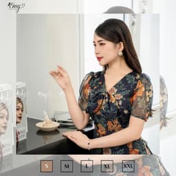 Thumbnail Đầm EMY EM7589 Xoè Voan Hoa Cổ Nơ Nhún Tùng 3