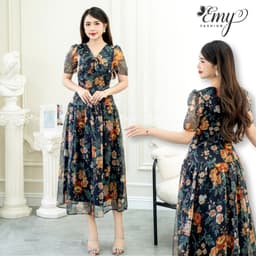 Thumbnail Đầm EMY EM7589 Xoè Voan Hoa Cổ Nơ Nhún Tùng 1