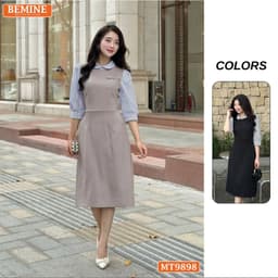 Thumbnail Đầm thiết kế BEMINE cổ sen dáng bút chì tay dài phối sọc phù hợp đi làm, đi dạo phố-MT9898 1