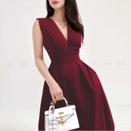 Thumbnail Đầm dự tiệc MINA thiết kế dáng suông midi chất Cotton màu đỏ đô MN182 1