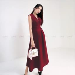 Thumbnail Đầm dự tiệc MINA thiết kế dáng suông midi chất Cotton màu đỏ đô MN182 4