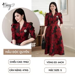 Thumbnail Đầm Thiết Kế EMY Thời Trang Cao Cấp Trung Niên EM7436 Vải Gấm Taffeta, Nền Đen Hoa To Đỏ Đô Sang Chảnh Đi Tiệc 1