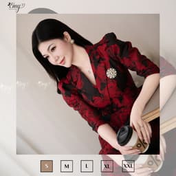 Thumbnail Đầm Thiết Kế EMY Thời Trang Cao Cấp Trung Niên EM7436 Vải Gấm Taffeta, Nền Đen Hoa To Đỏ Đô Sang Chảnh Đi Tiệc 2
