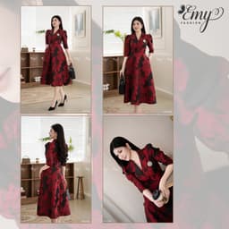 Thumbnail Đầm Thiết Kế EMY Thời Trang Cao Cấp Trung Niên EM7436 Vải Gấm Taffeta, Nền Đen Hoa To Đỏ Đô Sang Chảnh Đi Tiệc 3