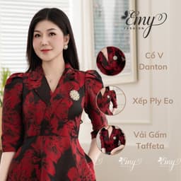 Thumbnail Đầm Thiết Kế EMY Thời Trang Cao Cấp Trung Niên EM7436 Vải Gấm Taffeta, Nền Đen Hoa To Đỏ Đô Sang Chảnh Đi Tiệc 4