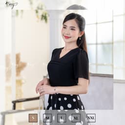 Thumbnail Đầm Thiết Kế EMY Cao Cấp Thanh Lịch Sang Trọng EM7527 Dáng Xoè Công Sở Chấm Bi Trắng Cổ Chữ V Có Túi 3