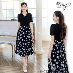 Thumbnail Đầm Thiết Kế EMY Cao Cấp Thanh Lịch Sang Trọng EM7527 Dáng Xoè Công Sở Chấm Bi Trắng Cổ Chữ V Có Túi 1