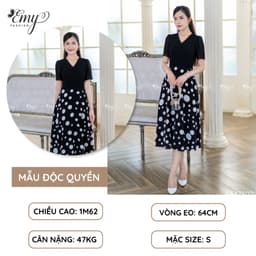 Thumbnail Đầm Thiết Kế EMY Cao Cấp Thanh Lịch Sang Trọng EM7527 Dáng Xoè Công Sở Chấm Bi Trắng Cổ Chữ V Có Túi 2