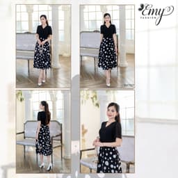 Thumbnail Đầm Thiết Kế EMY Cao Cấp Thanh Lịch Sang Trọng EM7527 Dáng Xoè Công Sở Chấm Bi Trắng Cổ Chữ V Có Túi 4