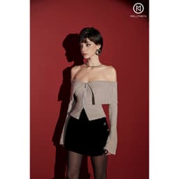 Thumbnail Áo thiết kế thun len sọc trễ vai kéo khoá MOLLYNISTA quyến rũ nữ tính cao cấp đi chơi gợi cảm 4