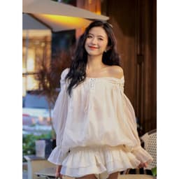 Thumbnail Áo kem organza trễ eo bẹt vai MOLLYNISTA cao cấp thanh lịch quyến rũ 4